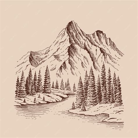 Premium Vector | Mountain with pine trees and lake landscape Hand drawn ...