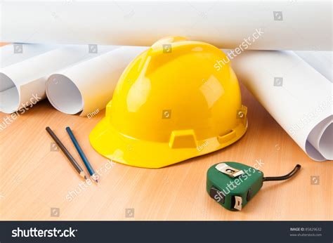 Drawings Hard Hat On Desk Stock Photo 85829632 | Shutterstock