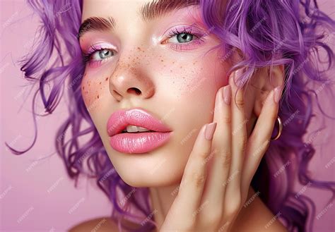 Premium Photo | A woman with freckles on her face and a pink lip