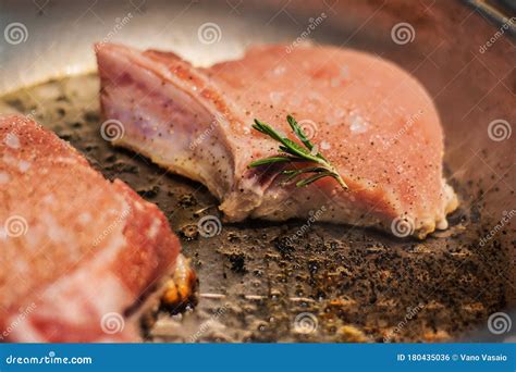 Marinated Pieces of Pork Loin on a Bone Fry Stock Photo - Image of ...
