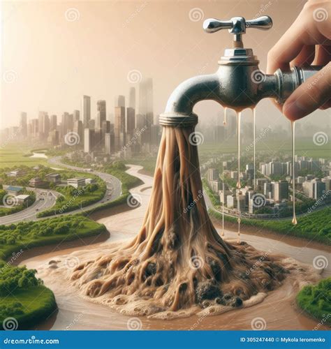 Dirty Water Flowing from a Tap Against the Backdrop of a Big City. Stock Illustration ...
