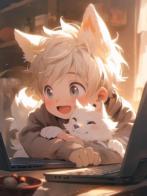 Premium Photo | Anime character laying on a bed with a cat on his lap ...