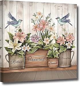 LZIMU Rustic Farmhouse Wall Decor Hummingbirds and Flower Canvas Prints Country Wood Background Picture for Kitchen Bathroom Decor Framed (Rustic-2, 12"x12")