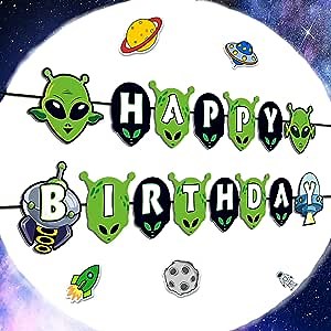 Green Alien Themed Happy Birthday Banner, Alien Avatar Banner/UFO Banner, Outer Space Alien Themed Birthday Party Decorations Baby Shower.