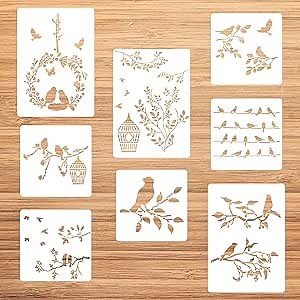 Birds Stencils Set,8 Pieces Flying Bird Branch Leaves Trees Wire Flower Leaf Birdcage Resuable Templates for Paint Craft Wall DIY Nature Home Decor Wood Sign Furniture Nursery Bedroom