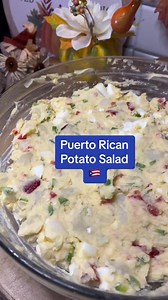 ADVERTISEMENT Puerto Rican Potato SaladI made small batch, double the ingredients with bag of potatoes* 4 Large Potato’s* 4 Eggs * Adobo to taste for boiling & potatoes salad* 1/4 Green Bell Pepper (Finely Diced) * 1/4 Red Bell Pepper (Finely Diced) * 1/4 Green Apple (Finely Diced)(Optional) * 1/4c Red Onion (Finely Diced) * 1 Whole Pimento Diced* 2Tsp Red Wine Vinegar* 1/2c-1c Mayonnaise1. Boil your water, add potatoes & eggs, adobo, boil until potatoes are tender, approximately 25 minutes. Str