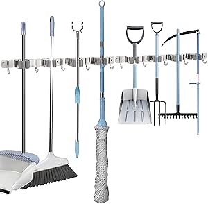 OCGIG 2 Pack Mop and Broom Holder, Wall Mounted Metal Hanger Organization Storage Heavy Duty Tool Organizer for Garage Home Kitchen Laundry Garden (4 Racks and 5 Hooks)