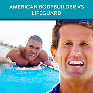 American Bodybuilder Reckons He Can Beat A Lifeguard In A Beach Competition 😆 | Bondi Rescue