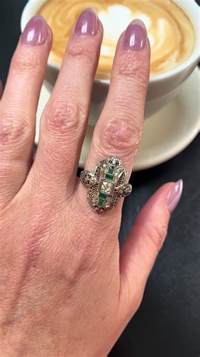 14k Art Deco ring with unusual square cut and geometric cut emeralds surrounding a central diamond. Get it now at foxlocket.com #vintagejewelry #vintagestyle #antiquejewelry #jewelry #diamonds #emeralds #vintagering #artdeco