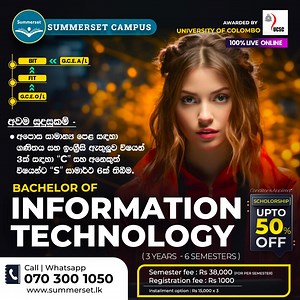 Bachelor of Information Technology - BIT offered by University of Colombo - 👩‍🎓Have you not applied for BIT degree yet? Intake of new students is now taking place. - After O/L > FIT > BIT or after A/L > BIT... 👉 A three year bachelor degree offered by University of Colombo School of Computing (UCSC), Sri Lanka. 👉 Registration for NEXT INTAKE is NOW OPEN! 👉 Location - Online via Summerset Campus 👉 Duration - 3 Years (6 semesters) 📌 Class Times : 👉 Weekend Batch - Sunday - (8 am to 1 pm) �