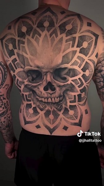 Geometric Skull Back Tattoo Design Inspiration