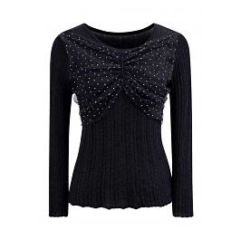 Rhinestone Decor Mesh Spliced Knit Top in Black