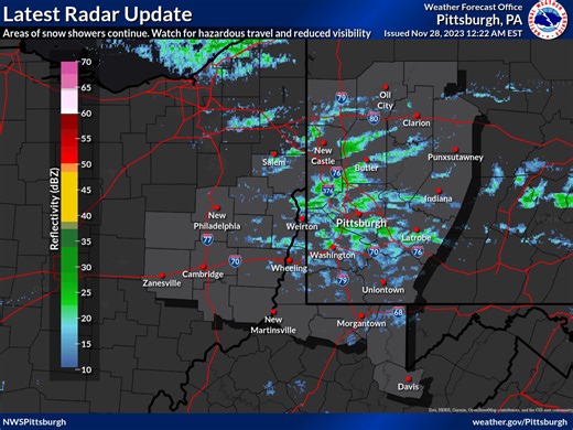 28 reactions | Here is the latest radar update. Watch for slick roads and reduced visibility in scattered snow showers overnight. | US National Weather Service Pittsburgh PA | Facebook
