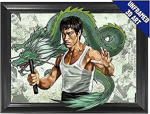 Bruce Little Dragon Lee 3D Poster Wall Art Decor Print | 12x16 inches | Green Dragon Posters & Pictures | Photo Memorabilia Gifts for Guys & Girls Bedroom