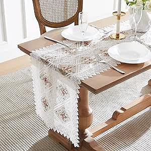 Warm Home Designs White Lace Table Runner. Embroidered with Intricate Flower Design. Can Be Used As Dresser Scarf or Dining Table Runner. VTR White 48