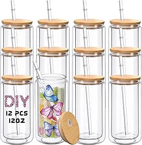 Didaey 12 Pcs Sublimation Blanks Glass with Bamboo Lid Plastic Straw Double Wall Sublimation Glasses Tumbler Cups Drinking Can Jars for Juice Beer Soda Iced Coffee Snow Globe DIY Gift (Wood,12oz)