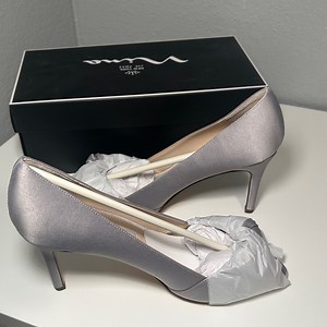 Nina Silver Satin Peep-Toe Heels