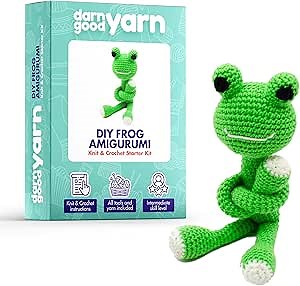 Darn Good Yarn - Crochet kit for Beginners to Intermediate | Frog DIY Crochet Amigurumi - Crochet Kit Include Pattern, Yarn, Crochet Hook, Stuffing and Knitting Needles