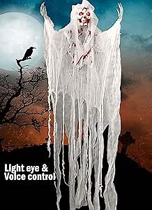 5.2ft Animated Halloween Decorations Outdoor Scary Haunted House Prop Decor Party Hanging Screaming Bride Ghost Skull with Voice Activated Scary and Flashing Eyes Creepy for Home Yard Outside indoor