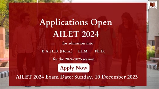 Applications for AILET 2024 are now live and we have some new announcements! 1. Duration of AILET 2024 Exam is now 120 minutes. 2. LL.M. and Ph.D. exam pattern has been revised. 3. We have introduced a Ph.D. Degree in Social Sciences. Please visit https://nationallawuniversitydelhi.in/ to learn more and apply. National Law University, Delhi #AILET #AILET2024 #lawentrance | National Law University Delhi | Facebook