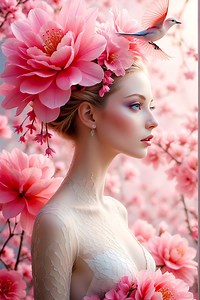 Surreal Wall Art – Woman With Pink Flowers and Birds, Nature-inspired Decor, Modern Surrealist Print, Elegant Artwork for Interiors - Etsy