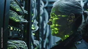 Senior female IT engineer monitoring server racks in a data center with green data reflections on her face for cyber security concept and modern network management