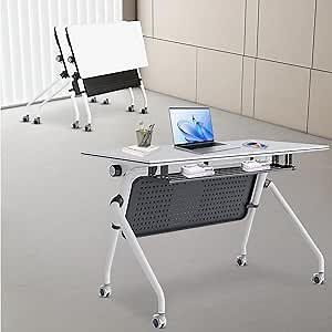 White Conference Room Tables, Folding Stackable Conference Table with Caster Wheels, 55.1L X 23.6W X 29.5H Inches Large Rectangle Modular Meeting Seminar Table for Boardroom Office Classroom(2pcs)