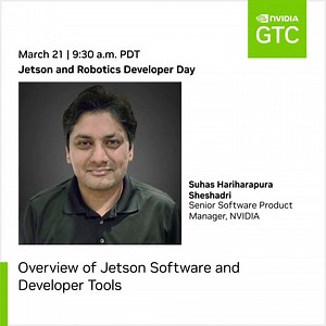 Join us at the #GTC24 Jetson and Robotics Developer Day for a complete overview of the NVIDIA Jetson platform for Edge AI and #robotics app development. Learn from Suhas as he shares insights on accelerating your journey in vision AI and industrial applications with the #NVIDIAJetson. https://nvda.ws/3wJPDtj | NVIDIA Robotics