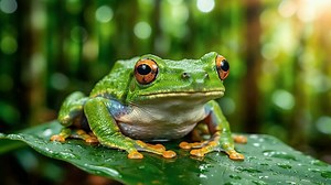 Download Vibrant green tree frog with striking orange eyes perched on a lush, dew-kissed leaf in a tropical rainforest for free