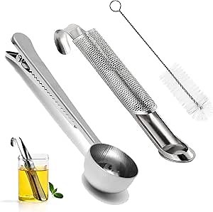 Stainless Steel Tea Diffusers for Loose Tea,Gorgeous Lit Tea Strainer,Loose Leaf Tea Steeper,Tea Infuser,Long-Handle Tea Filter for Tea,Coffee, Seasonings, Spices (Tea Filter+Spoon+Brush)