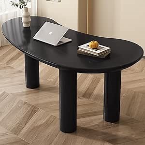 65 inch Irregular Computer Desk for Home Office, Kidney-Shaped Wide Storage Desktop Executive Desks Office Bedroom Study, Unique Design Minimalist Furniture Table in Black