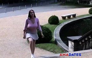 Busty girl walking, no bra, jiggling