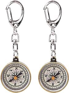Mini Compass Keyring, 2Pcs Vintage Portable Zinc Alloy Compact Pocket Compass Keychain for Outdoor Navigation Tools, Handheld Compass