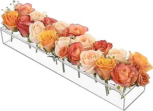 Rectangular Flowers Vases Clear Acrylic Modern Vases 17.7 Inches Long Rectangular Floral Centerpiece for Dining Table Low Decoration Vase for Wedding Christamas Party Home Dining Table Decor(18 Holes)