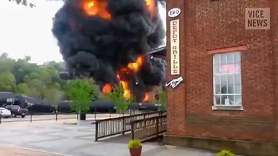 It’s estimated that 9 million barrels of crude oil are moving over the rail lines of North America at any given moment. This is what happens when they explode: http://bit.ly/1rNy6ab | VICE News