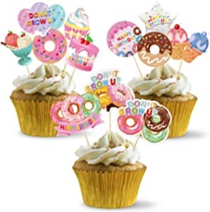 48pcs Donut Birthday Party Supplies Donut Grow Up Cupcake Toppers for Gilrs, Donut Theme Party Cake Decorations, Doughnut Happy Birthday Cupcake Decor