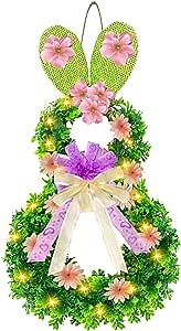 Lighted Easter Wreath Decoration for Front Door, Spring Wreath with Bunny, Easter Eggs, Battery Operated with Timer Light 18 LED Green Leaves 17" Eucalyptus Wreath for Easter Decor Home Indoor Wall