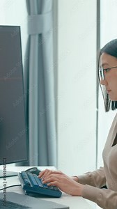 Vertical Screen : Young adult Asia female freelance eyeglasses typing write prompt AI bot app smart program nomad, video game, terminal coding, user interface, designer, big data center on computer.