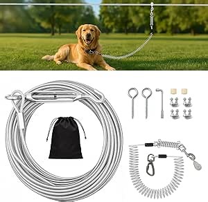 VST Dog Tie Out Runner for Yard,Dual Shock-Absorbing 50FT Dog Run Cable with Spring Lead,Chew Proof Zip Line for Outside Camping,Heavy Duty Trolley System for Small/Medium/Large Dogs Up to 250LBS