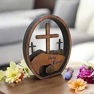 Christian Easter Decor Set - Empty Tomb & Cross Wooden Scene, Religious Tabletop Decoration for Home, Church, or Office