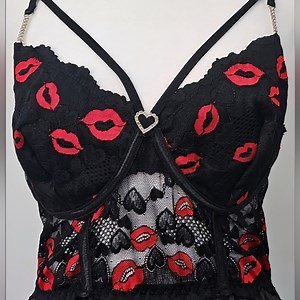 Red Kisses Black Bustier Open Side Nightie w Faux Gold Pearl & Crystal Sexy Side