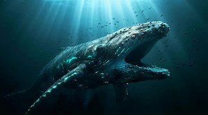 Descargar leviatán de el profundo emergente en submarino oscuridad con bioluminiscente marcas y escuelas de pescado dispersión gratis