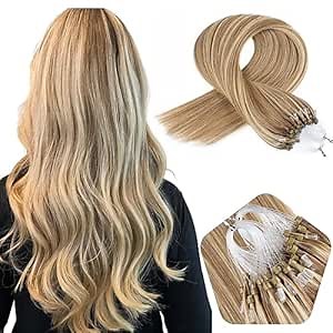 Micro Loop Hair Extensions Real Human Hair 1g/Strand 50g Microbead Hair Extensions 20 Inch Micro Link Extensions #8/613 Brown with Blonde Micro Ring Human Hair Extensions