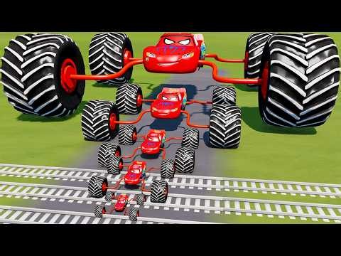 Big & Small Spiderman McQueen with Monster wheels VS Train | BeamNG.drive