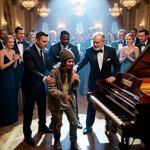 At the lavish gala, two security guards dragged a thin, homeless girl out of the hall. She struggled, her eyes locked on the grand piano sparkling under the lights. “Please! Let me play one piece… just for a plate of food!” The guests scoffed. But then, piano legend Lawrence Carter stepped forward, placed a hand on her shoulder, and said, “Let her play.” The room burst into laughter—yet only seconds later, when her fingers touched the keys… every laugh dissolved into absolute silence. The chande