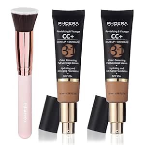 PHOERA CC Cream Foundation With SPF,PHOERA Full Coverage Foundation Color Correcting Cream,Anti Aging Hydrating Serum & SPF 25+ Sunscreen Natural Finish1.08 floz(2PCS 160 Sand)