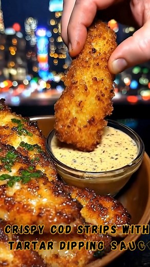 Crispy Cod Strips with Tartar Dipping Sauce 🐟✨ Protein: 26 g Golden, crunchy cod strips with tender, flaky centers—paired with a tangy homemade tartar sauce that makes every bite irresistibly delicious! 📝 Ingredients: ✦ 1 lb cod fillets (cut into strips) ✦ 1/2 cup flour ✦ 1/2 cup breadcrumbs ✦ 1 tsp paprika ✦ 1/2 tsp garlic powder ✦ 1/2 tsp black pepper ✦ 1/2 tsp salt ✦ 1 egg (beaten) ✦ 2–3 tbsp oil (for pan-frying) ✦ Fresh parsley (for garnish) Tartar Sauce: ✦ 1/2 cup mayonnaise ✦ 1 tbsp reli