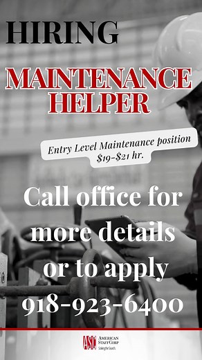 HIRING MAINTENANCE HELPER! Entry Level Maintenance position $19-$21 hr. Call office for more details or to apply 918-923-6400 #AmericanStaffCorp #okcjobs #Oklahoma #TulsaJobs #claremorejobs #catoosajobs #pryorjobs #JobPlacementSuccess #hiring #HiringEvent #jobopportunity2024 #hiring2024 #jobsearching #jobseekers #jobseekingadvice #hiringalert #manufacturing #warehousejobs #industrial #jobopenings2024 #jobseeking #JobOpportunity #Staffing | American StaffCorp