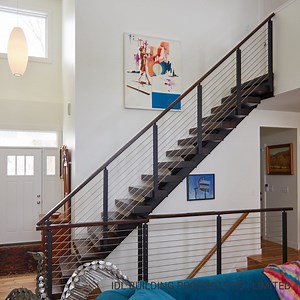 Customized Decorative Stainless Steel Mono Stringer Straight Staircase with Cable Railing and Solid Wood Treads