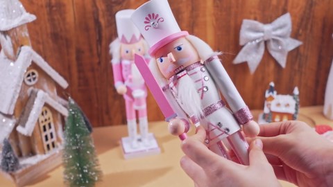 Huwena 2 Pcs Pink Christmas Nutcracker Figure Decorations Wooden Nutcracker Soldier Figure Decor 12 Inch Holiday Festive Party Gift for Home Office Mantel Shelves Table Decor(Drummer, Pink Sword)